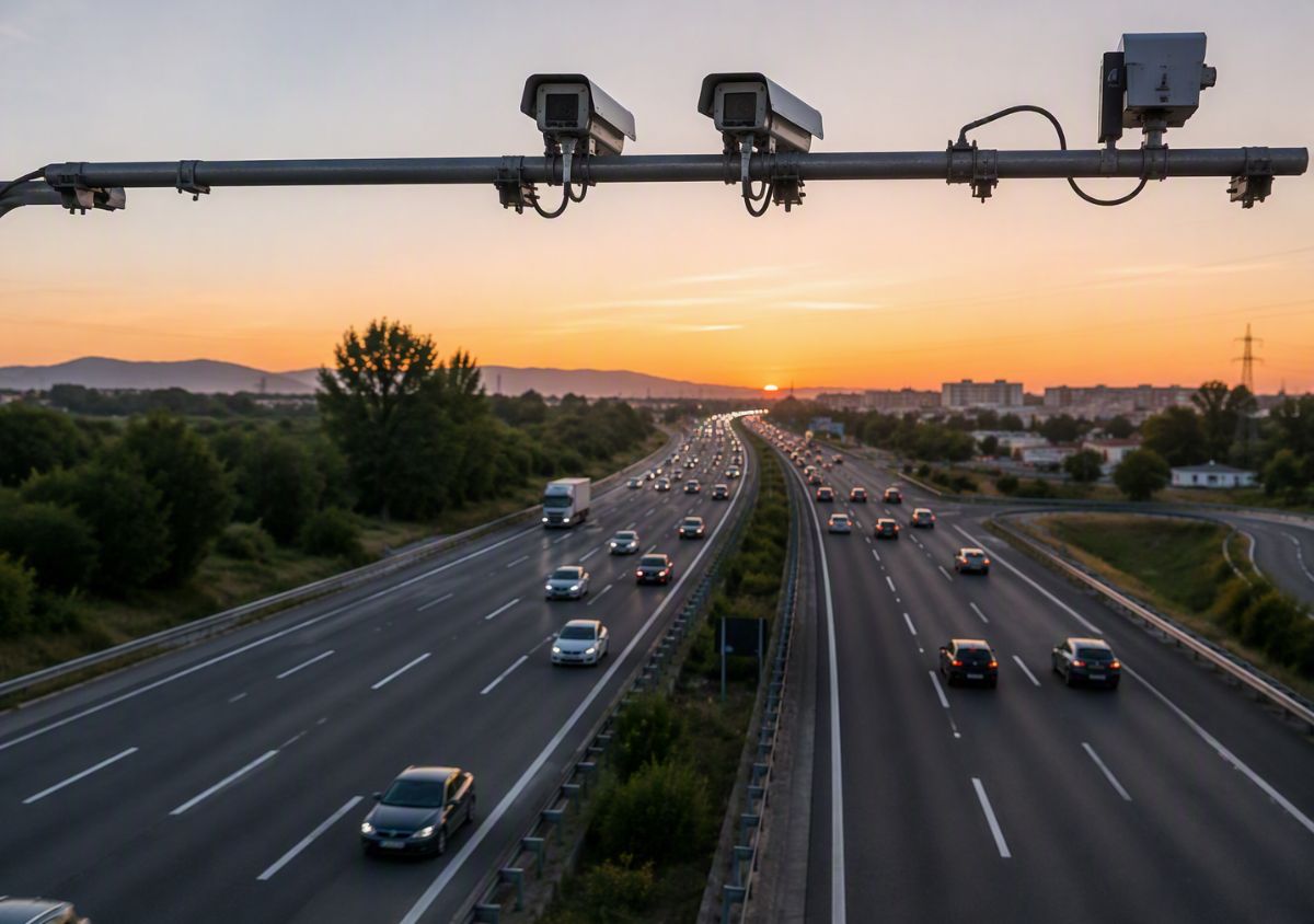 Autopista española con tráfico fluido y tecnología de inteligencia artificial aplicada a la seguridad vial.